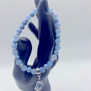 Evil Eye Charm, Blue Jade, Acrylic & Pewter Bead Stretch Bracelet